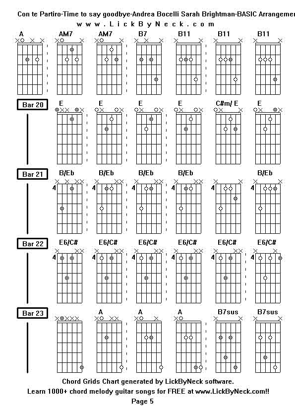 Chord Grids Chart of chord melody fingerstyle guitar song-Con te Partiro-Time to say goodbye-Andrea Bocelli Sarah Brightman-BASIC Arrangement,generated by LickByNeck software.